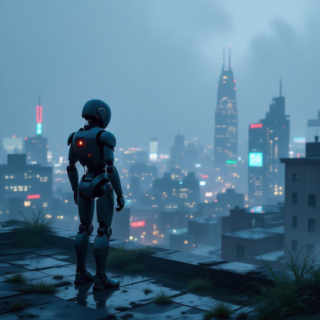 Weathered Automaton Overlooking Neon City