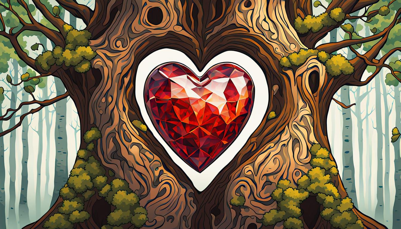 Heart Shaped Tree Trunk with Gemstone Heart in Mystical Fore...