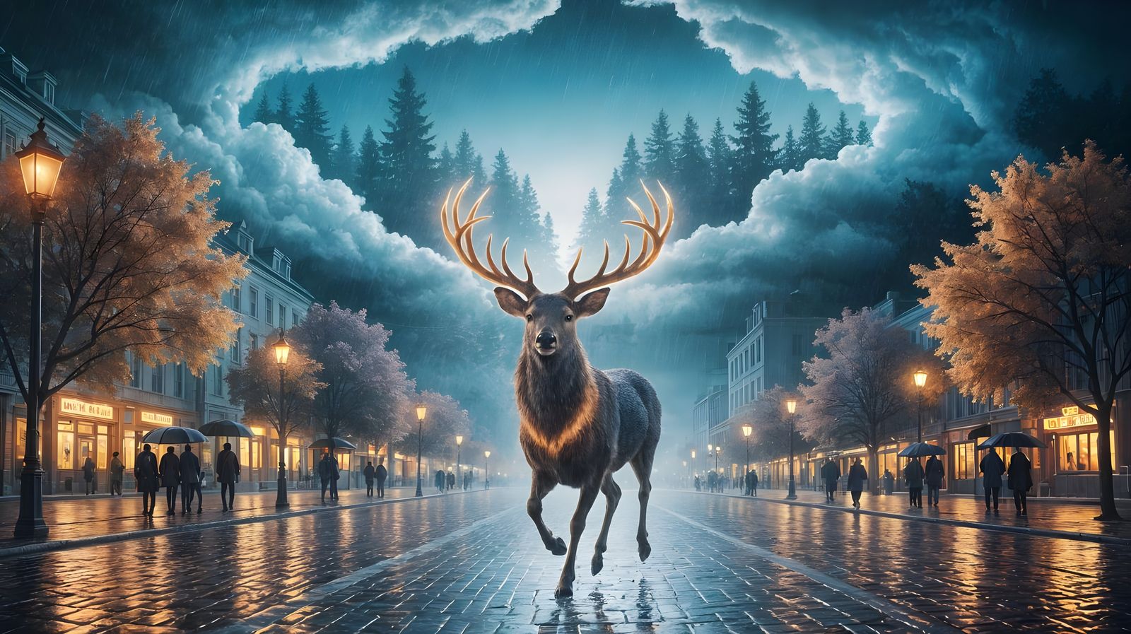 Mystical Deer in Rainy City: Fantasy Art