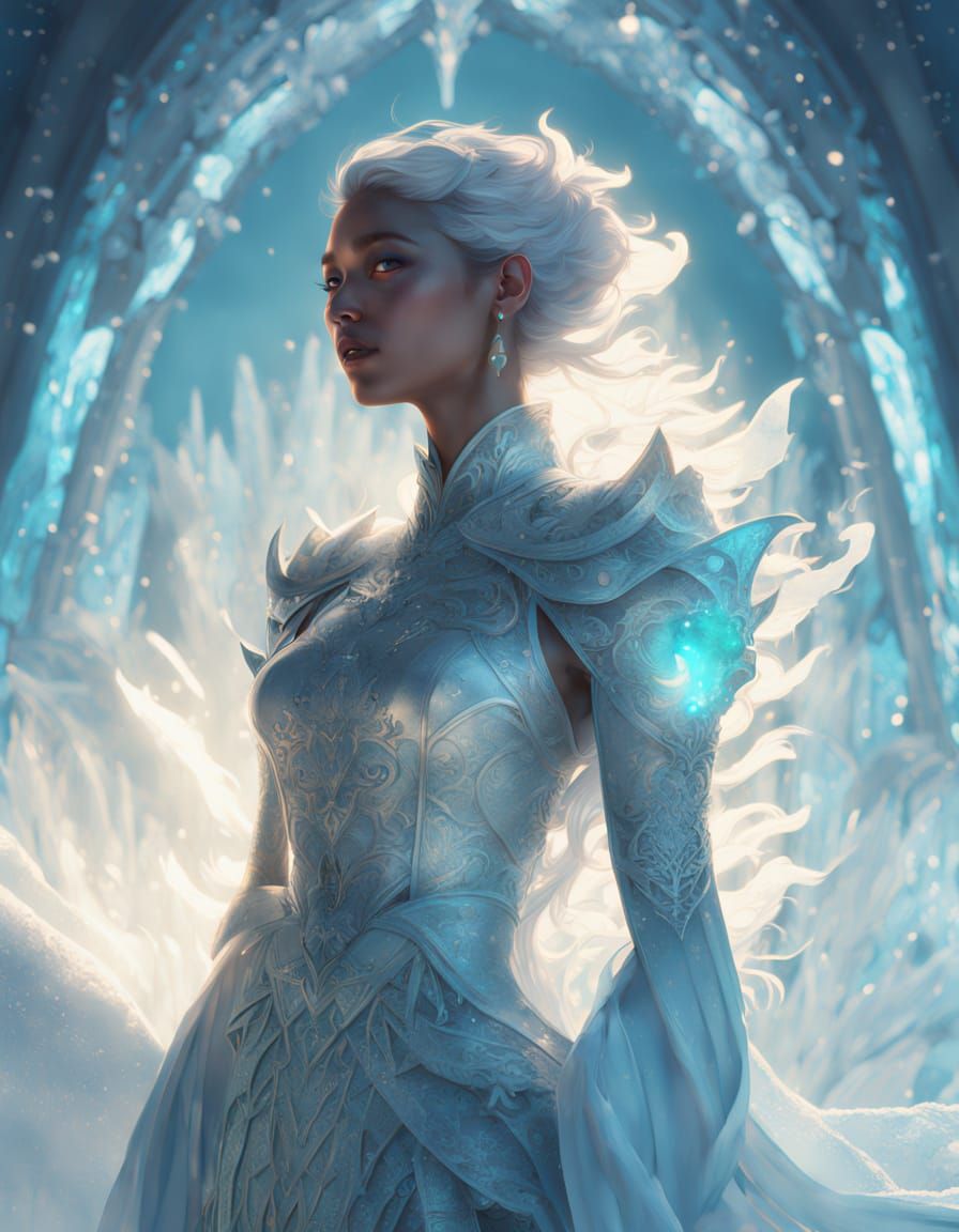 Ice Guard Maiden in Glacial Cathedral, Fantasy Art