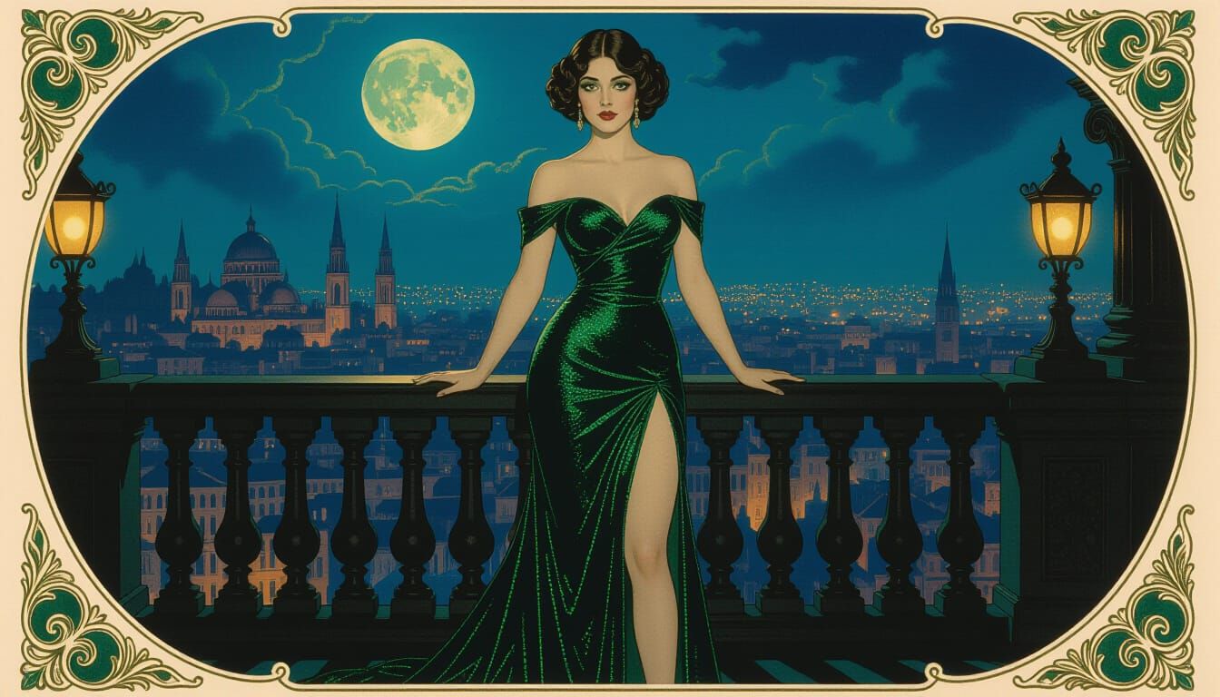 Alluring Woman on Balcony Overlooking Cityscape