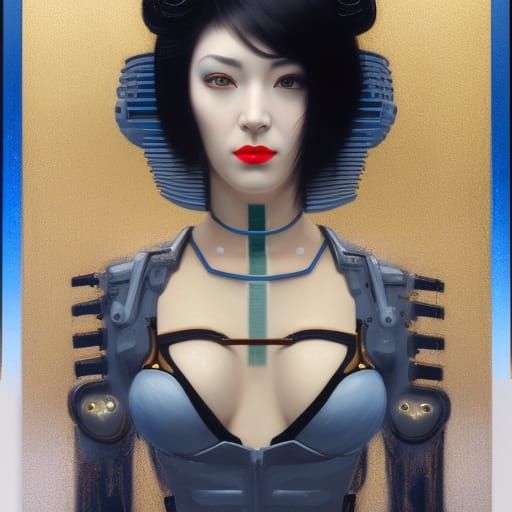 Cyberpunk Geisha with Golden Circuitry, Digital Art