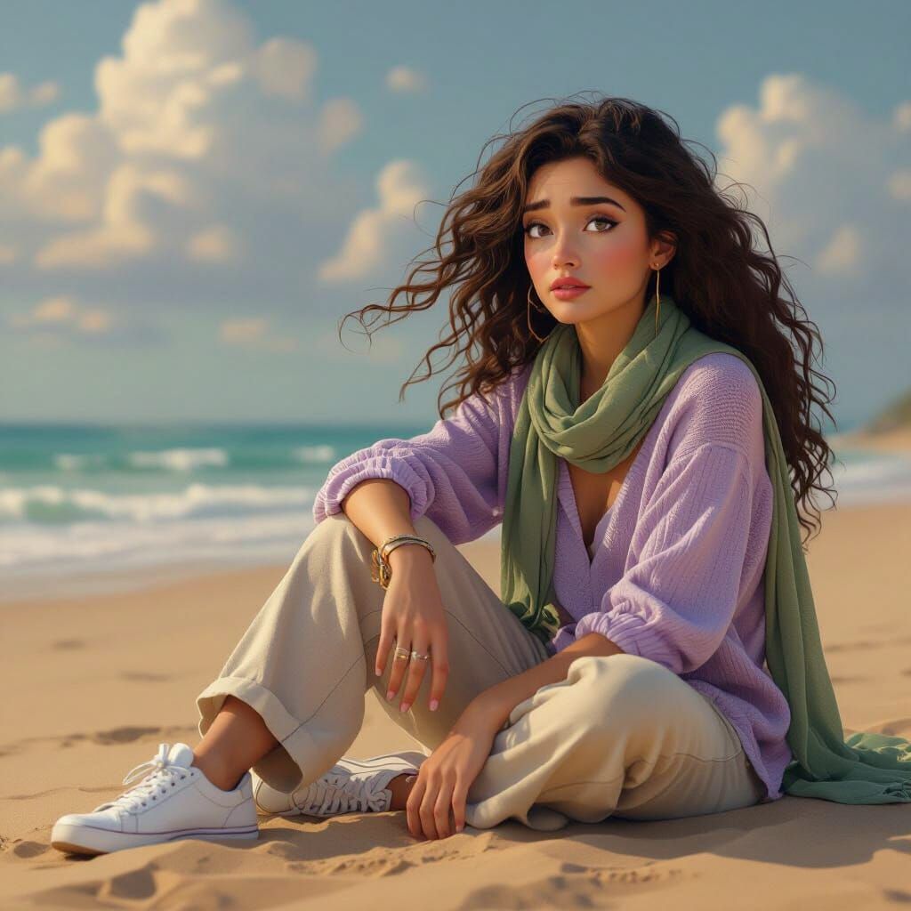 Woman on Beach in Dreamy 3D Cartoon Style
