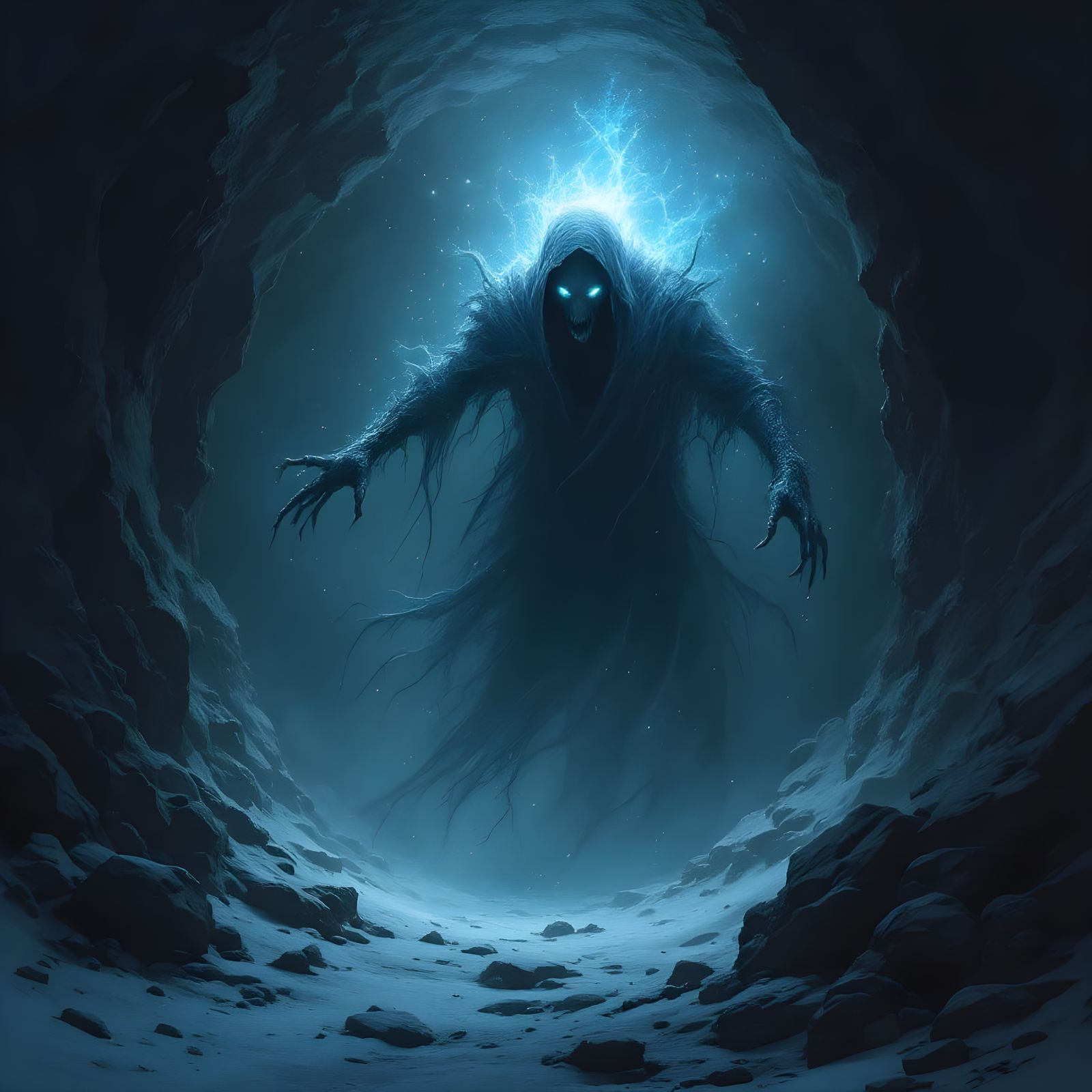 Dark Fantasy Spirit in Abandoned Frozen Tomb