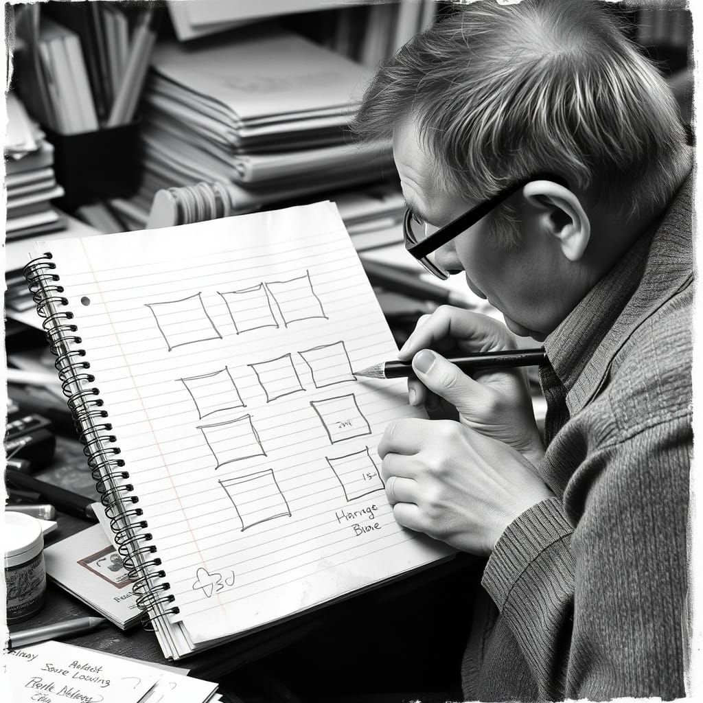 Artist Creates Imperfect Squares on Cluttered Desk