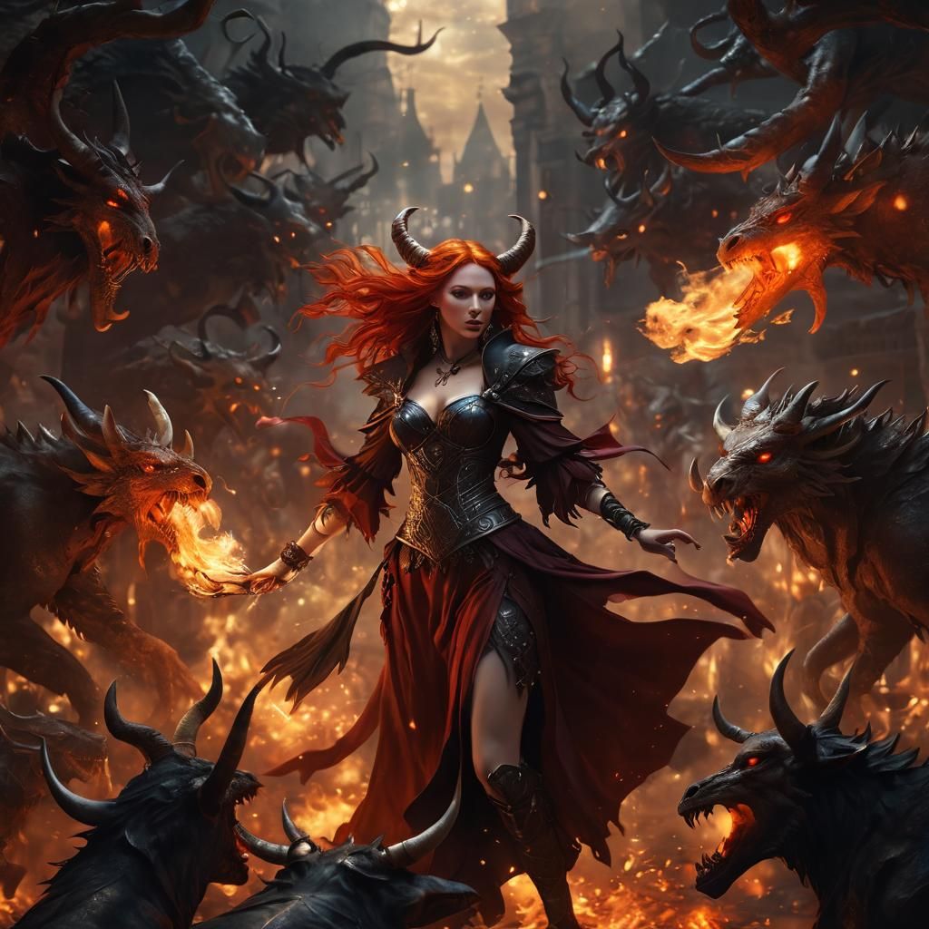 Red Sorceress Dancing with Demons in Dark Fantasy Style