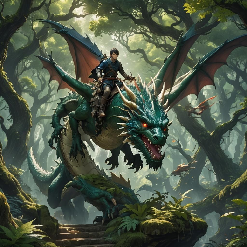 Man Rides Dragon Through Mystical Forest in Anime Style
