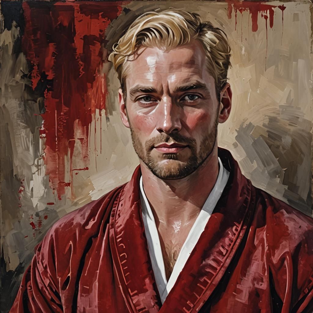 Carmine Red Velvet Portrait in Impasto Gouache Style