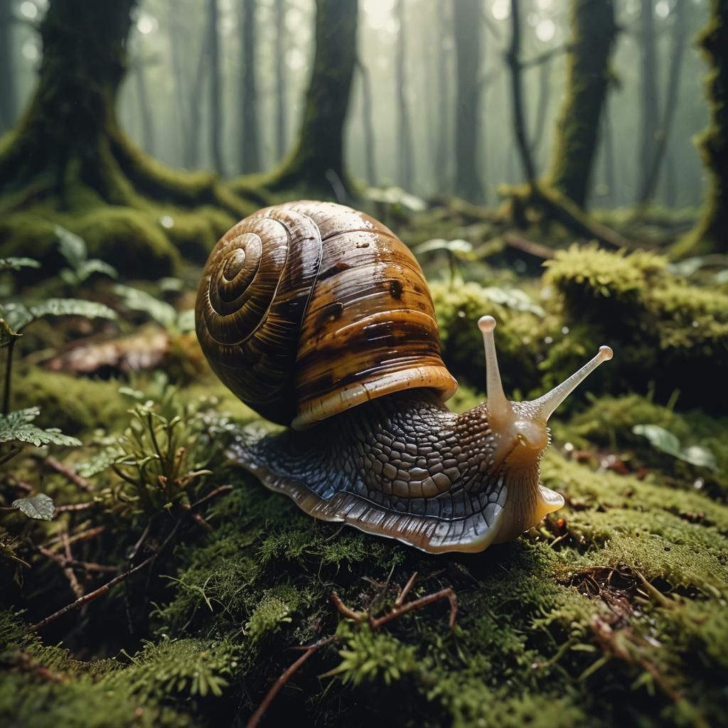 Happy Snail in Mossy Forest: Macro Cinematic Still