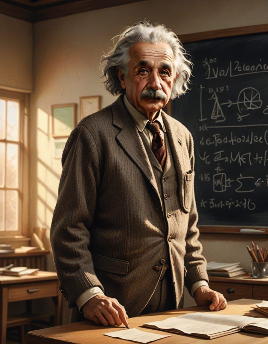 Albert Einstein Standing in a Classroom with Relativity Form...
