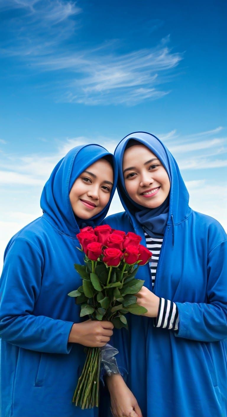 Smiling Women in Hijabs with Red Roses