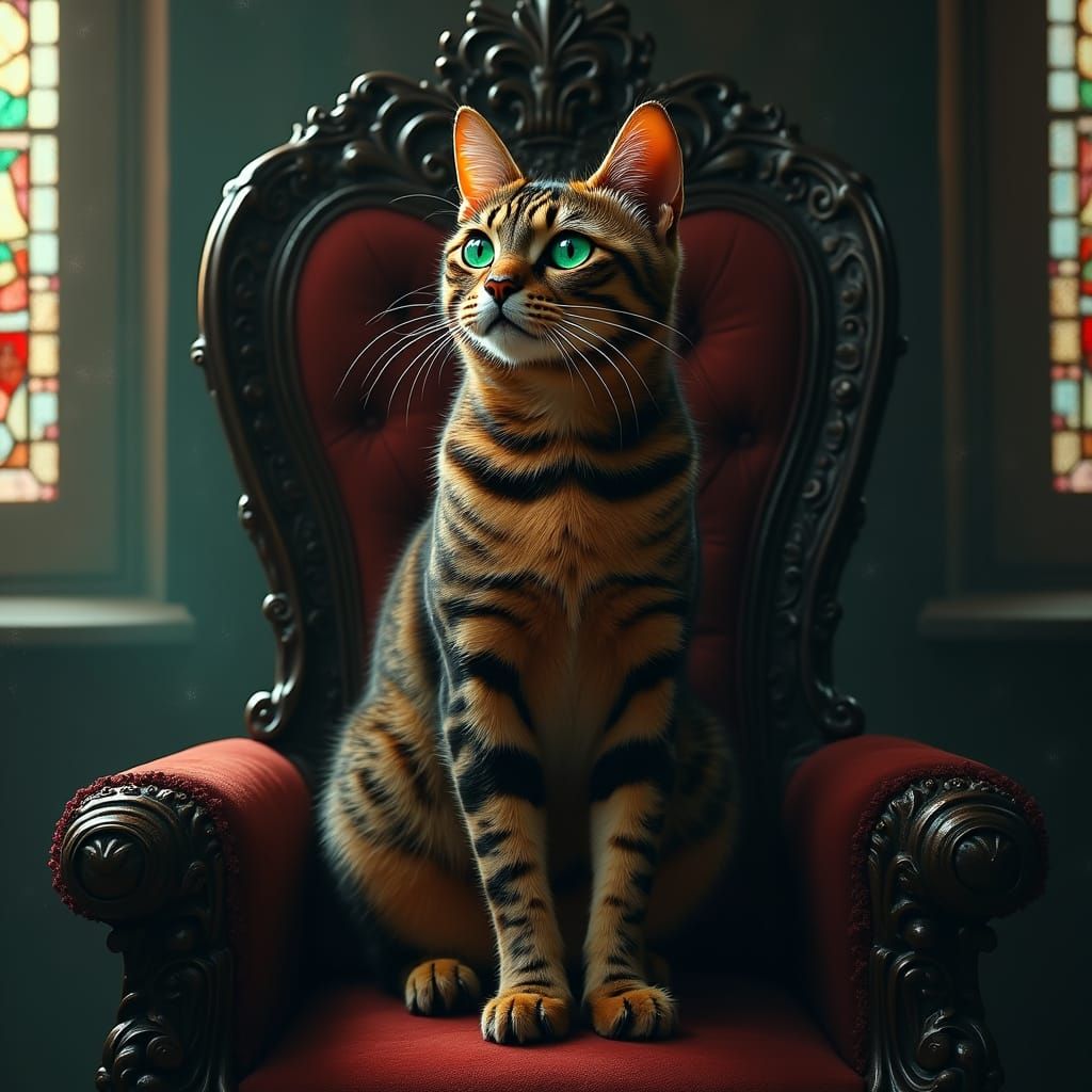 Regal Bengal Cat in Baroque Oil Painting Style with Chiarosc...