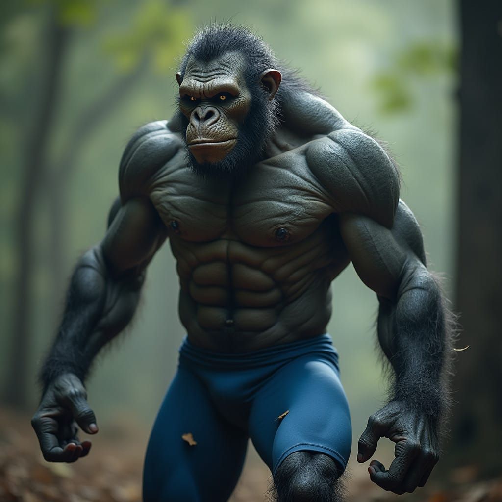 A Muscular, Gray-Skinned Neanderthal Monster in Blue Tights