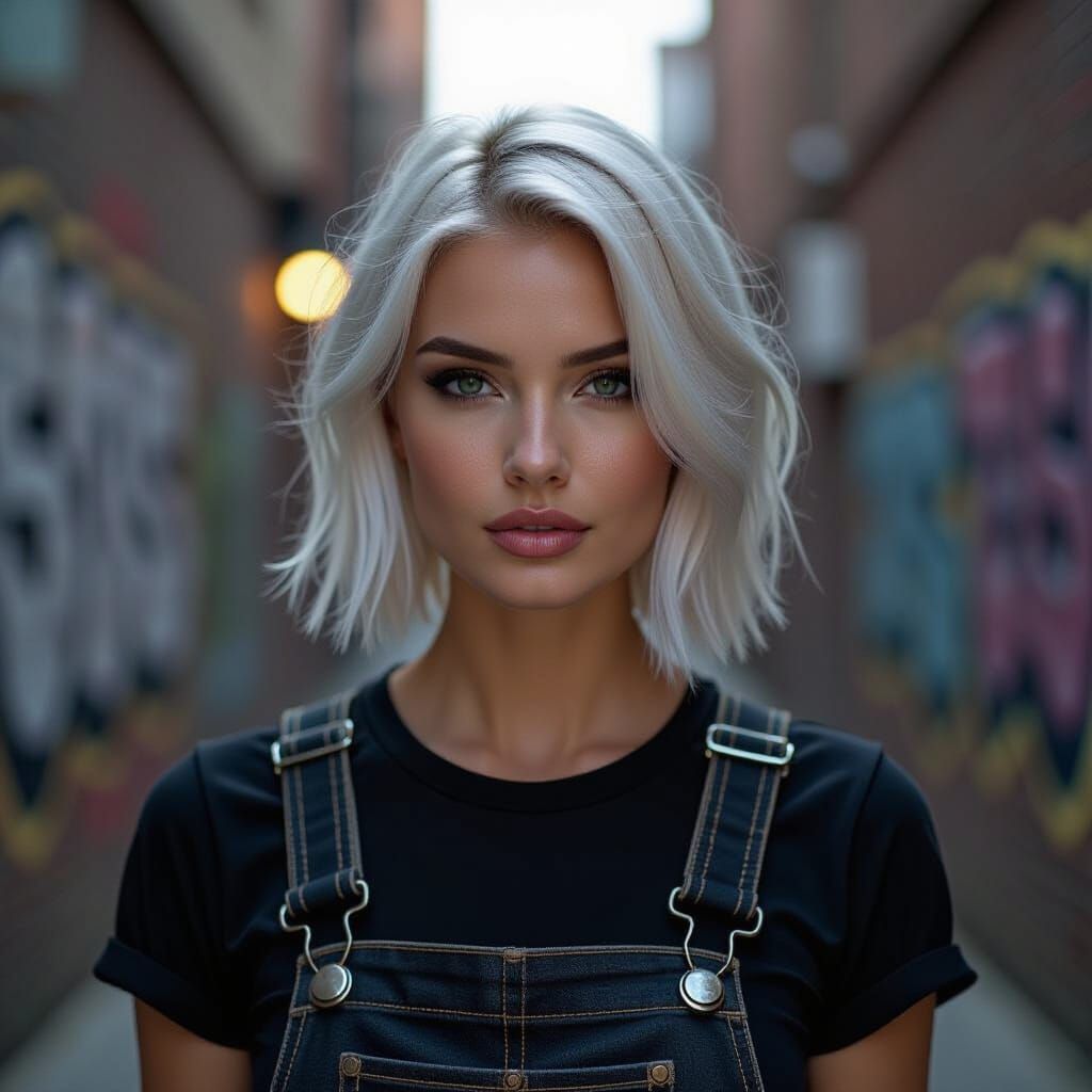 Dark Elf Woman in Leather Overalls in Urban Alley