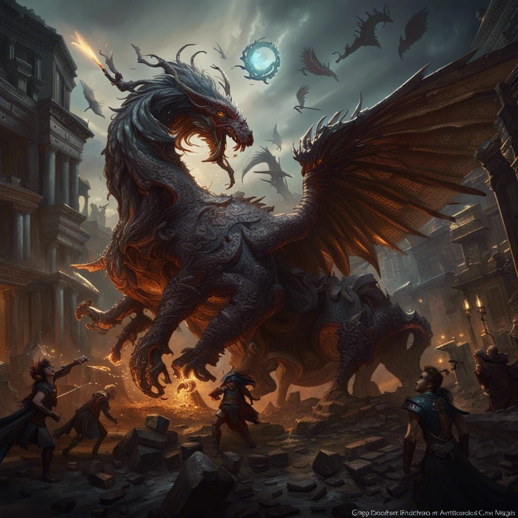 Epic Battle of Mythical Creatures in Dark Fantasy Art