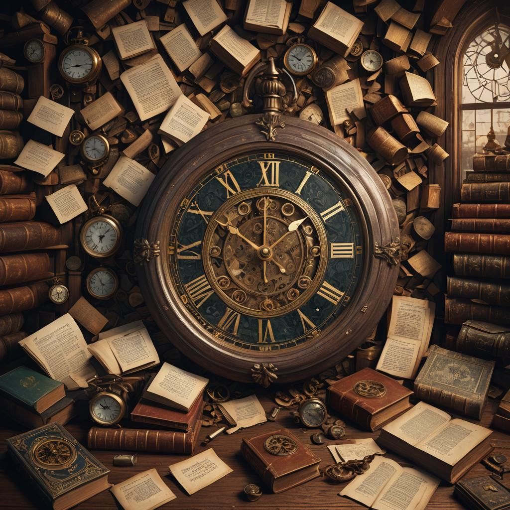 Antique Clock Surrounded by Books: Detailed Matte Painting