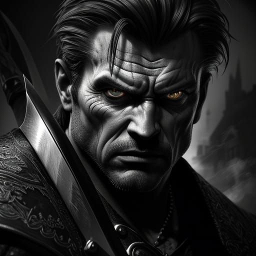 Intense Charcoal Drawing of Swordsman with Sword