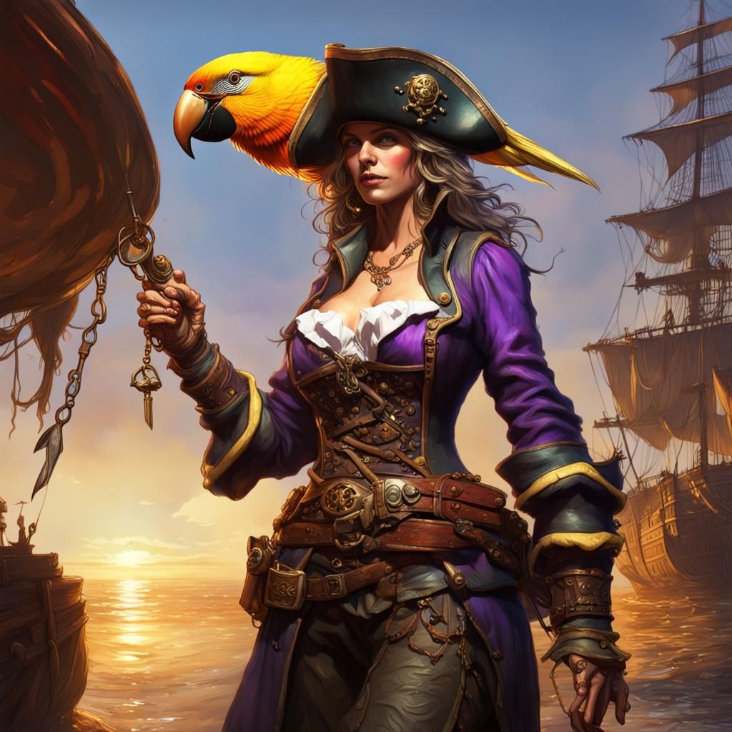 Detailed Pirate with Parrot in Dark Fantasy Style