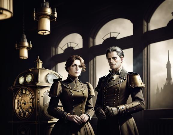 Steampunk Twins in Time Machine: Cinematic Pencil Sketch