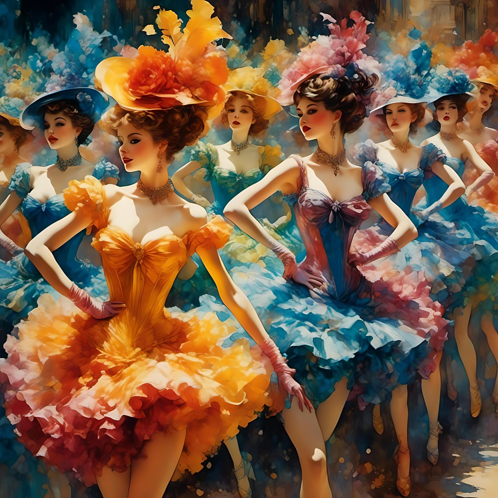 Can-Can Dancers at Moulin Rouge in Watercolor Style