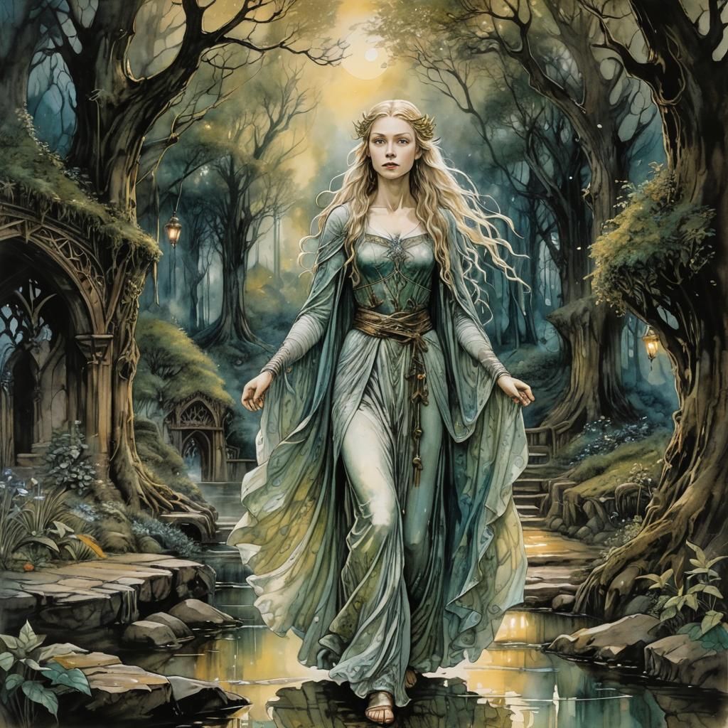 Galadriel Walks Rivendell at Night: Alcohol Ink Art