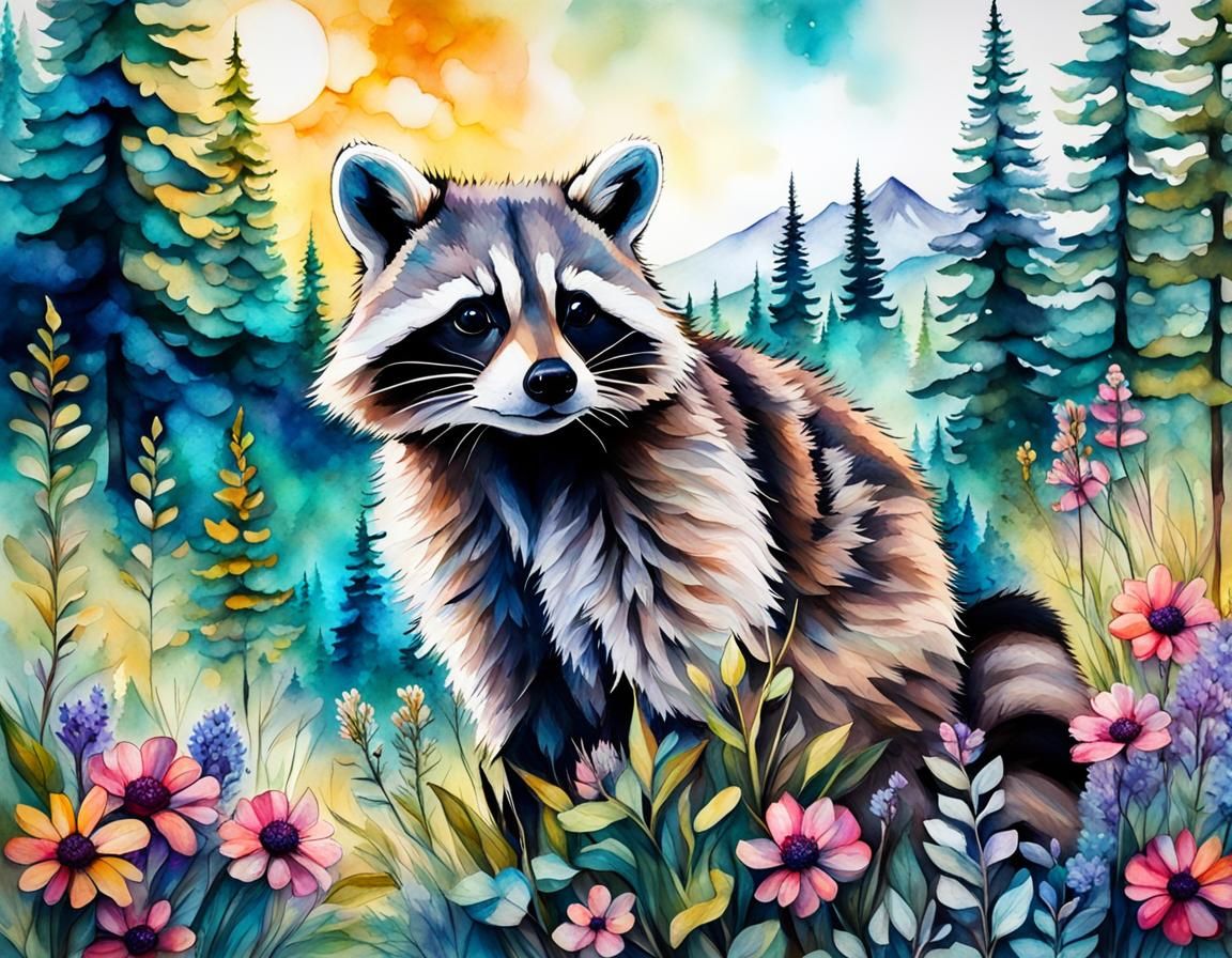 Raccoon in Mountain Forest Landscape, Alcohol Ink Style