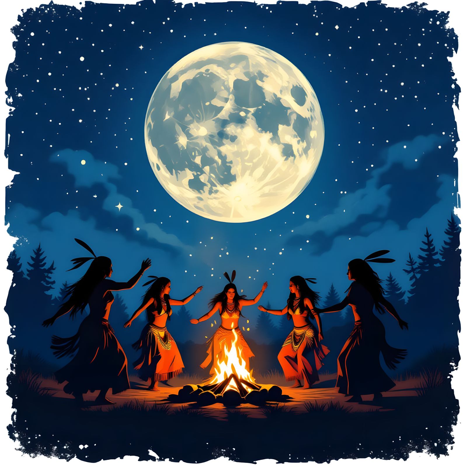 Tribal Moon Dance: Silhouettes in a Glowing Night