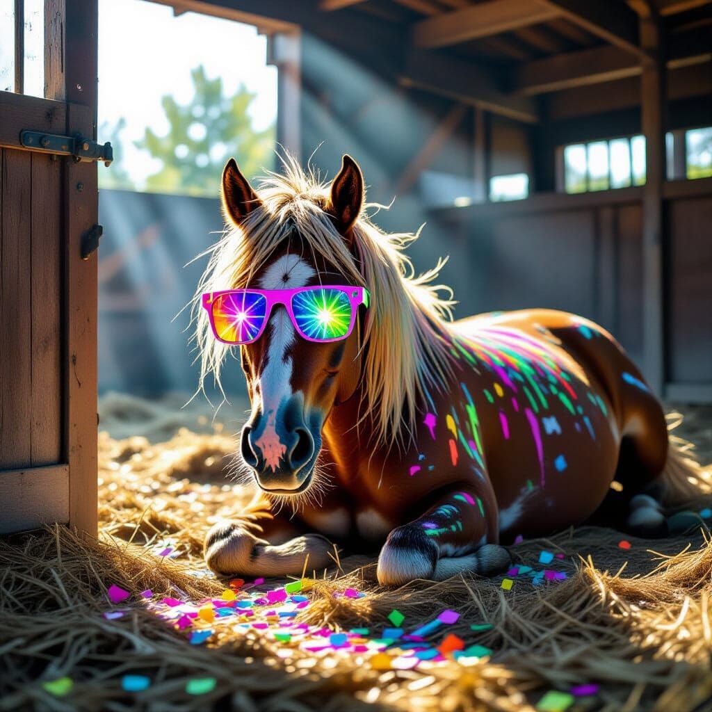 Tired Horse in Messy Stable After Rave, Digital Painting