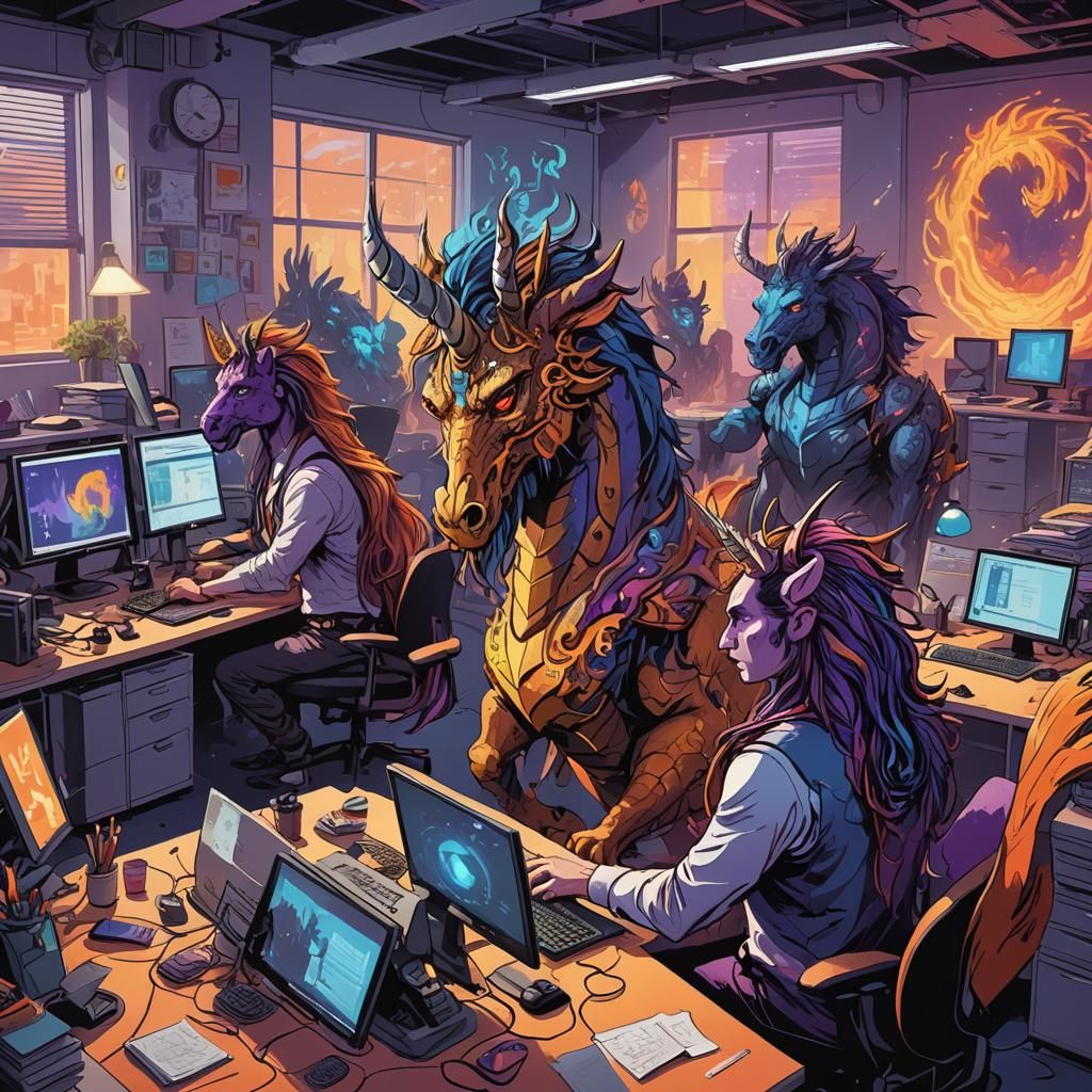 Fantasy Office Concept Art with Mythical Creatures