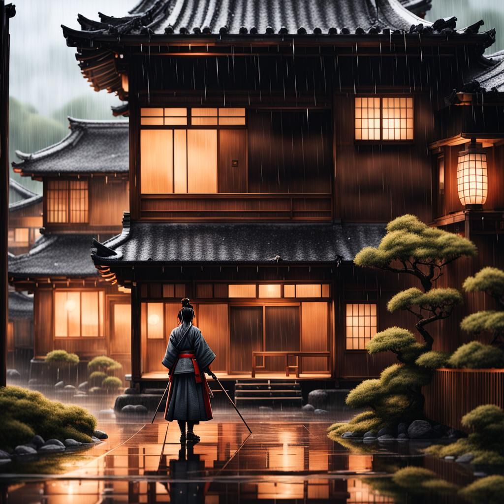 Female Samurai Gazing at Japanese House in Rain