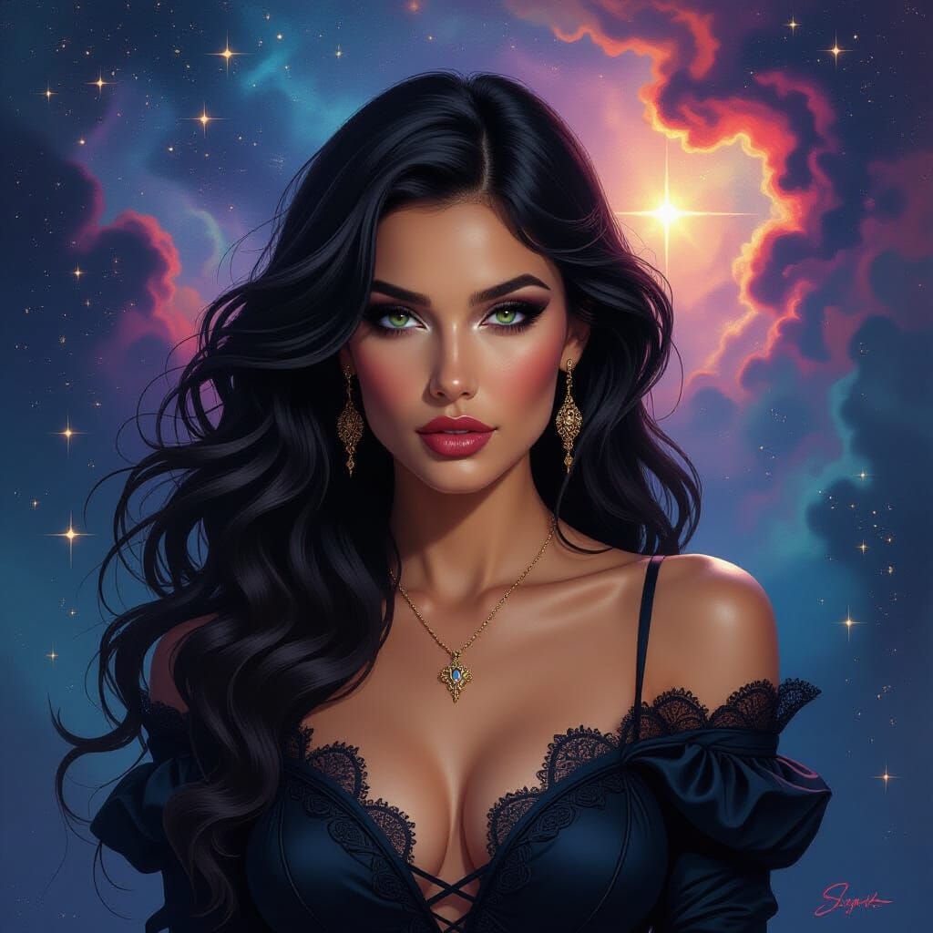 Enigmatic Scorpio Woman in Cosmic Nebula