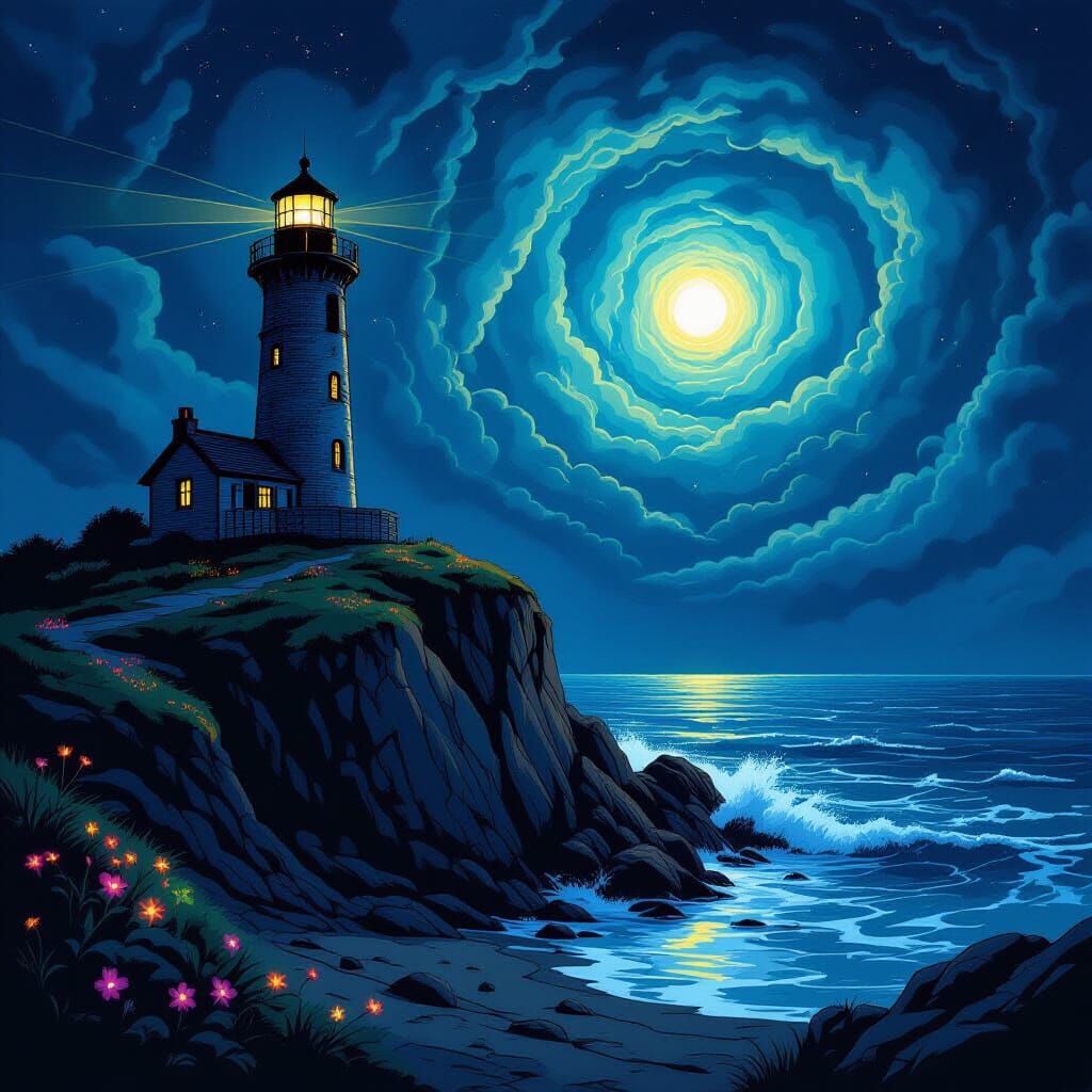 Ancient Lighthouse on Stormy Coast with Bioluminescent Flora