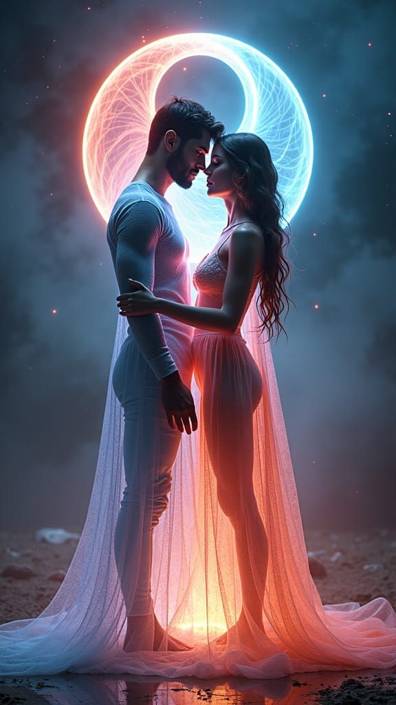 Ethereal Embrace: Mystical Sci-Fi Couple in Harmony