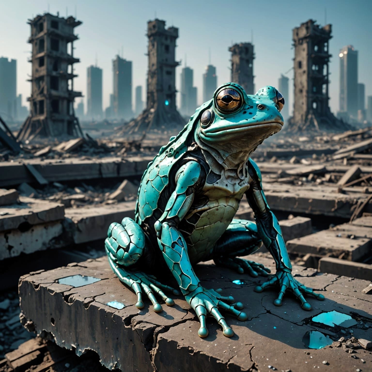 Futuristic Frog in Ruined City