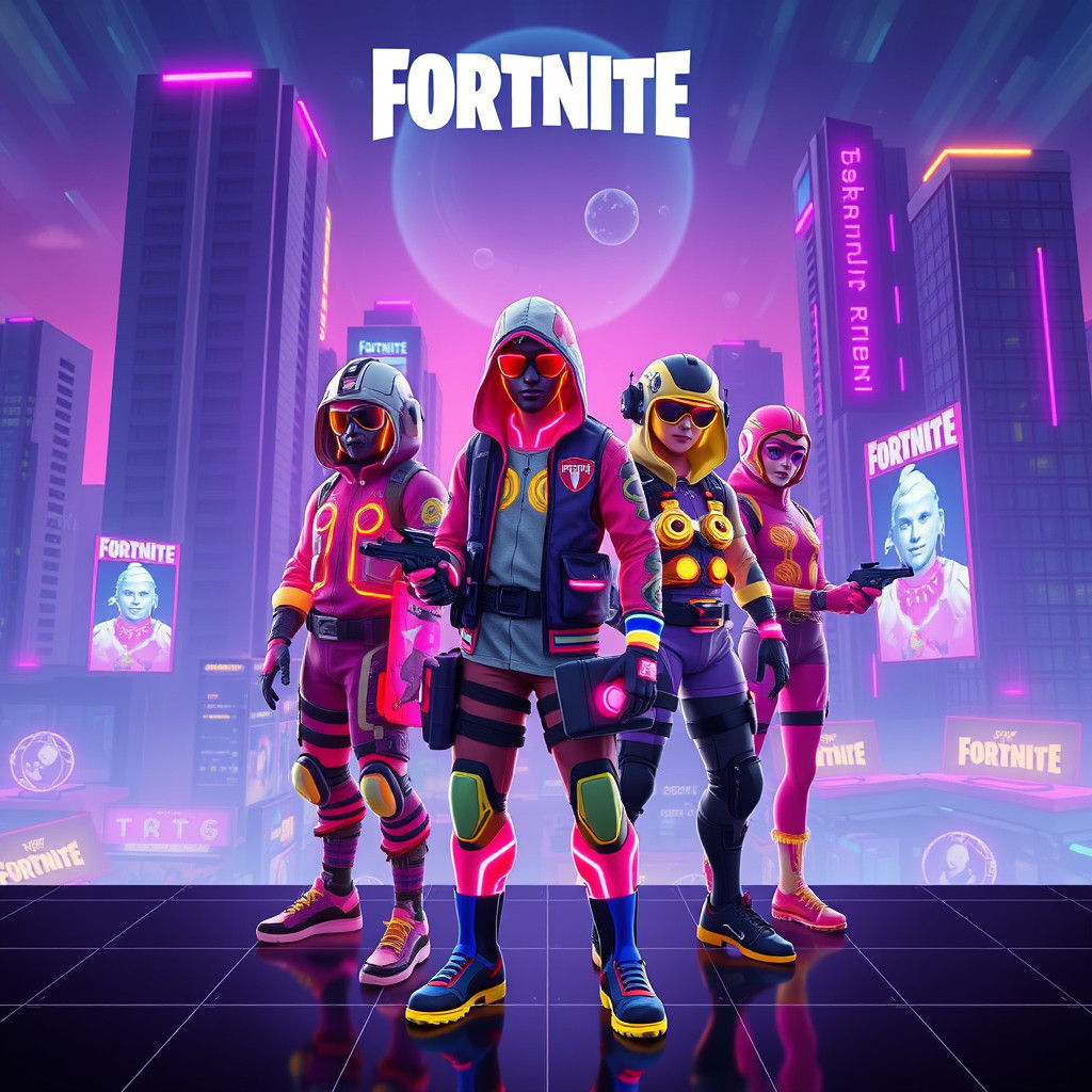 Neon Fortnite Skins in Retrowave Cityscape