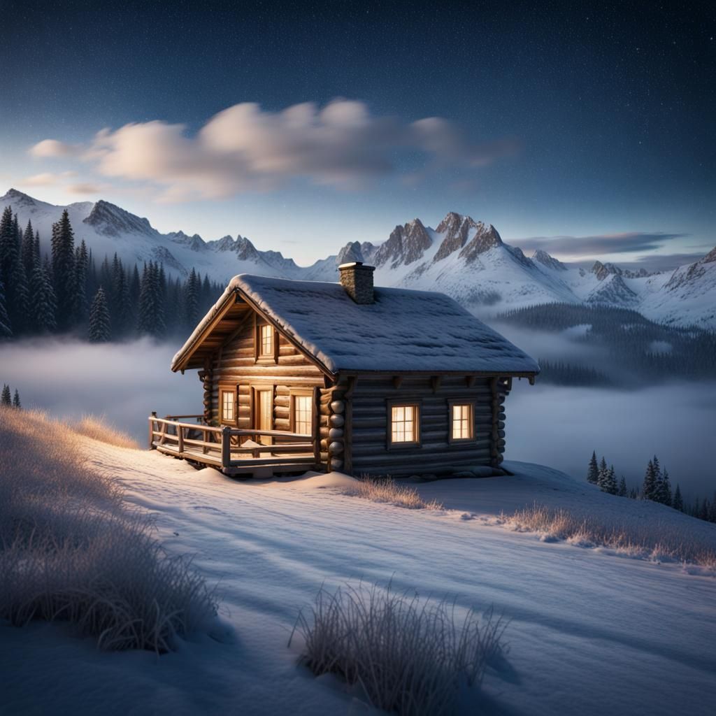 Lonely Cabin Under a Starry Winter Sky