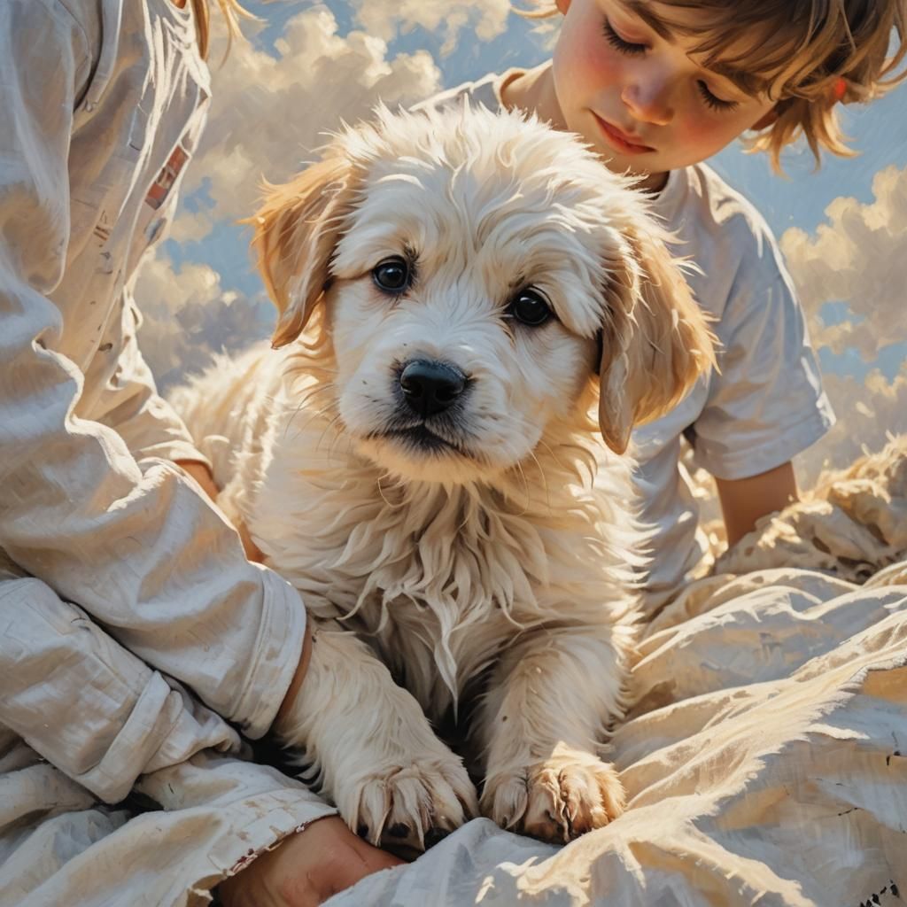 Puppy and Boy in Impressionistic Sunlight