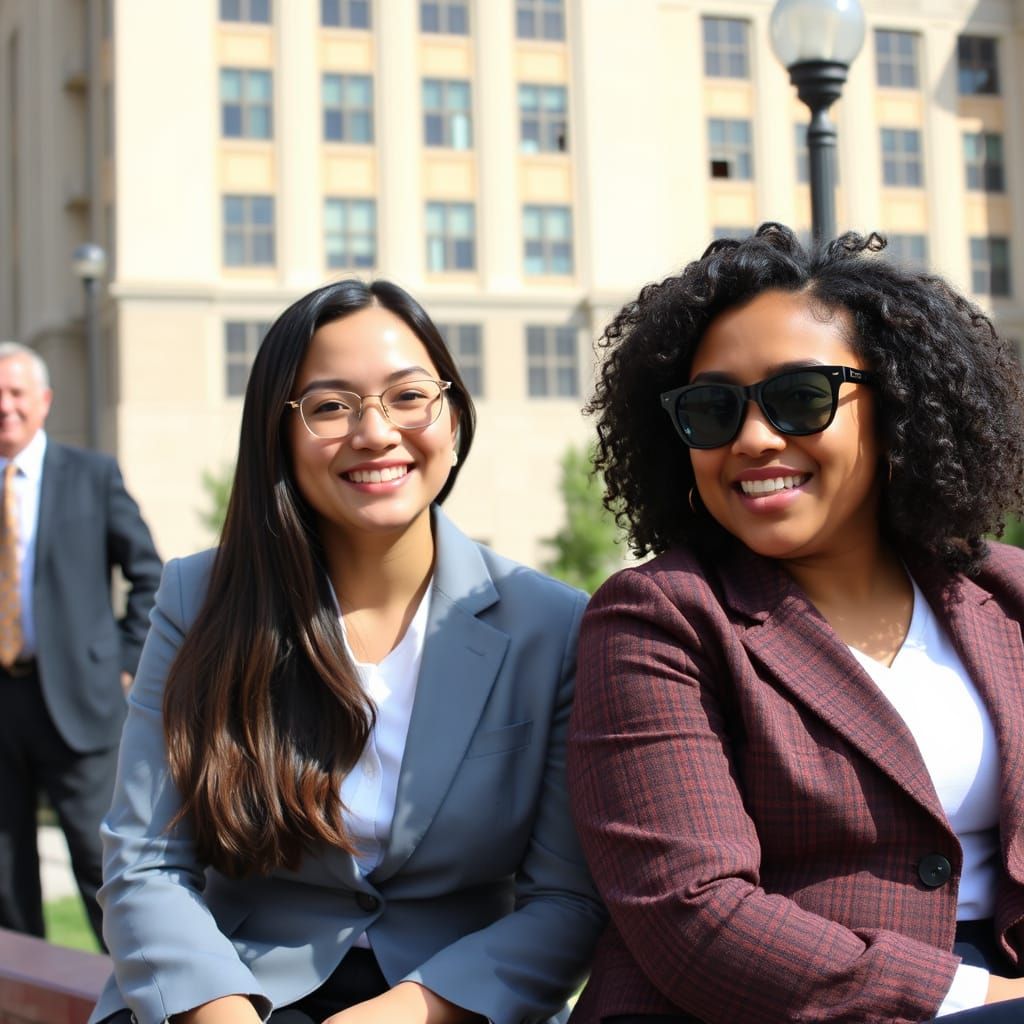 Smiling Women in Blazers Outdoors
