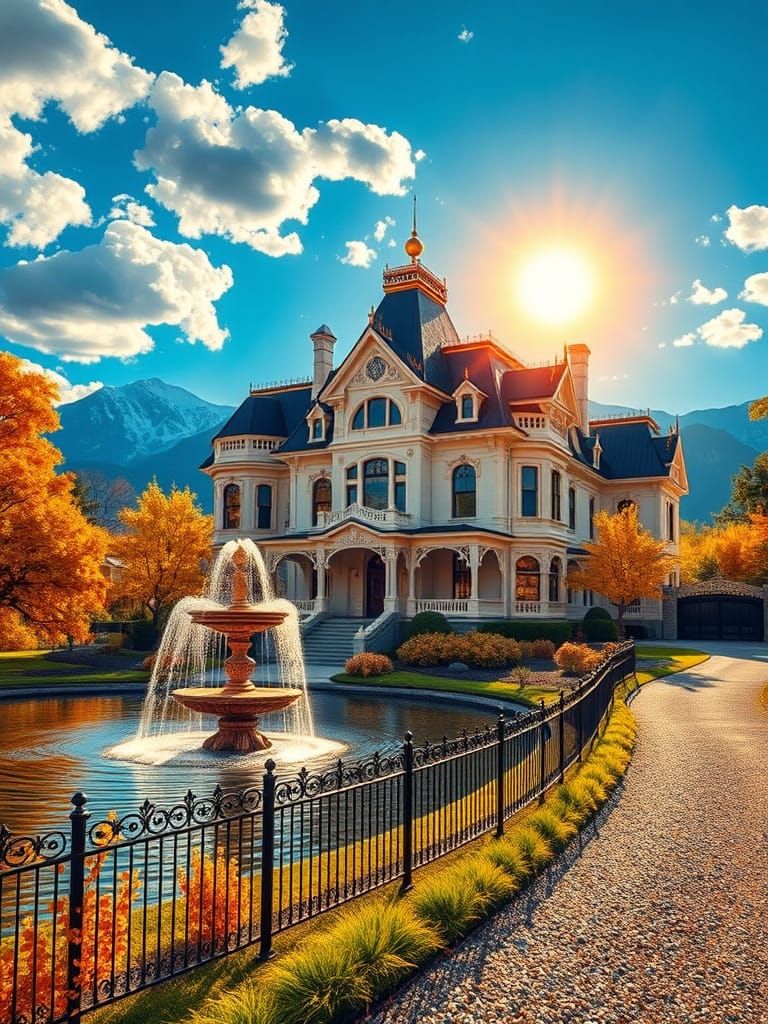 Victorian Mansion in Vibrant Landscape with Golden Light and...