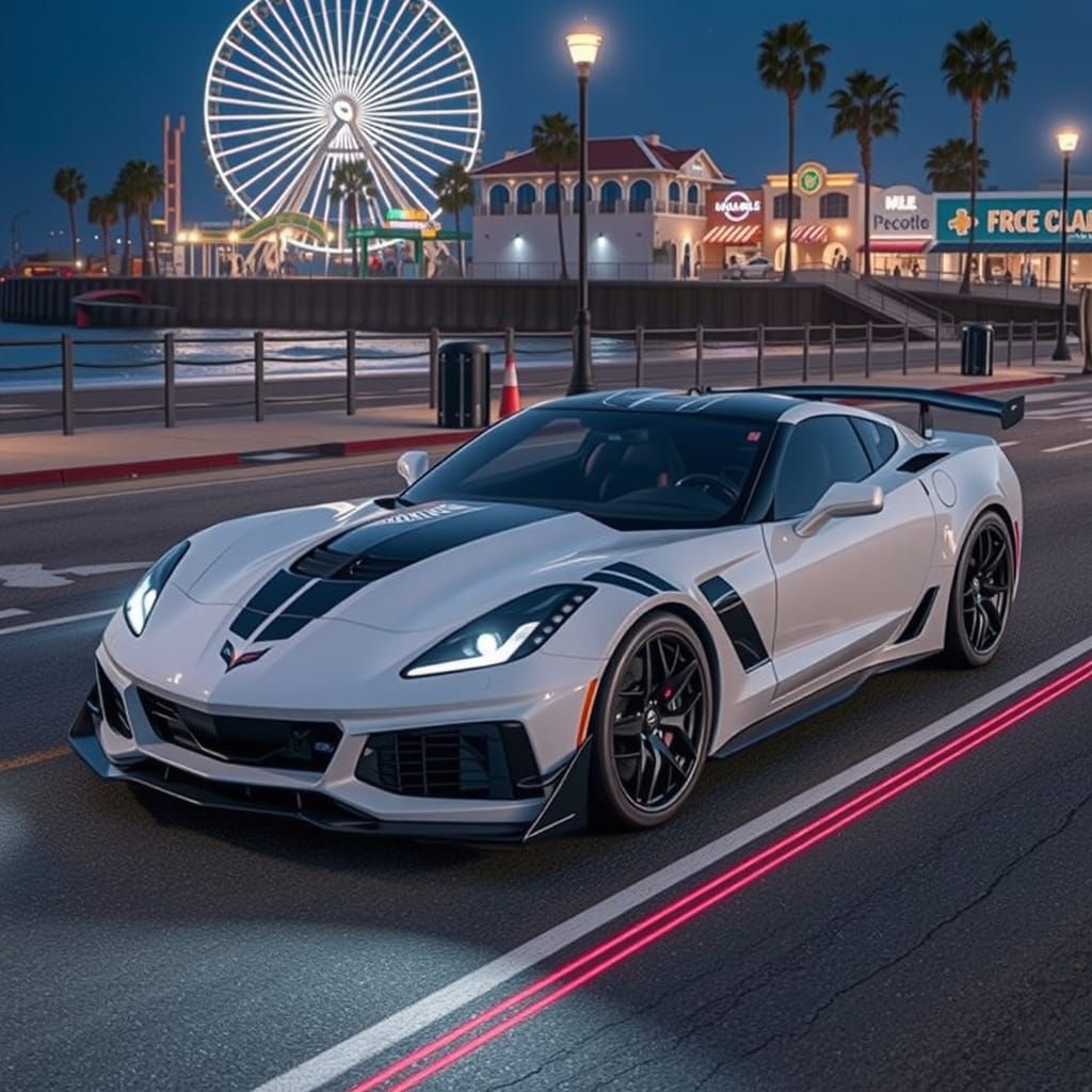 Pearl White Corvette ZR1 on California Boardwalk
