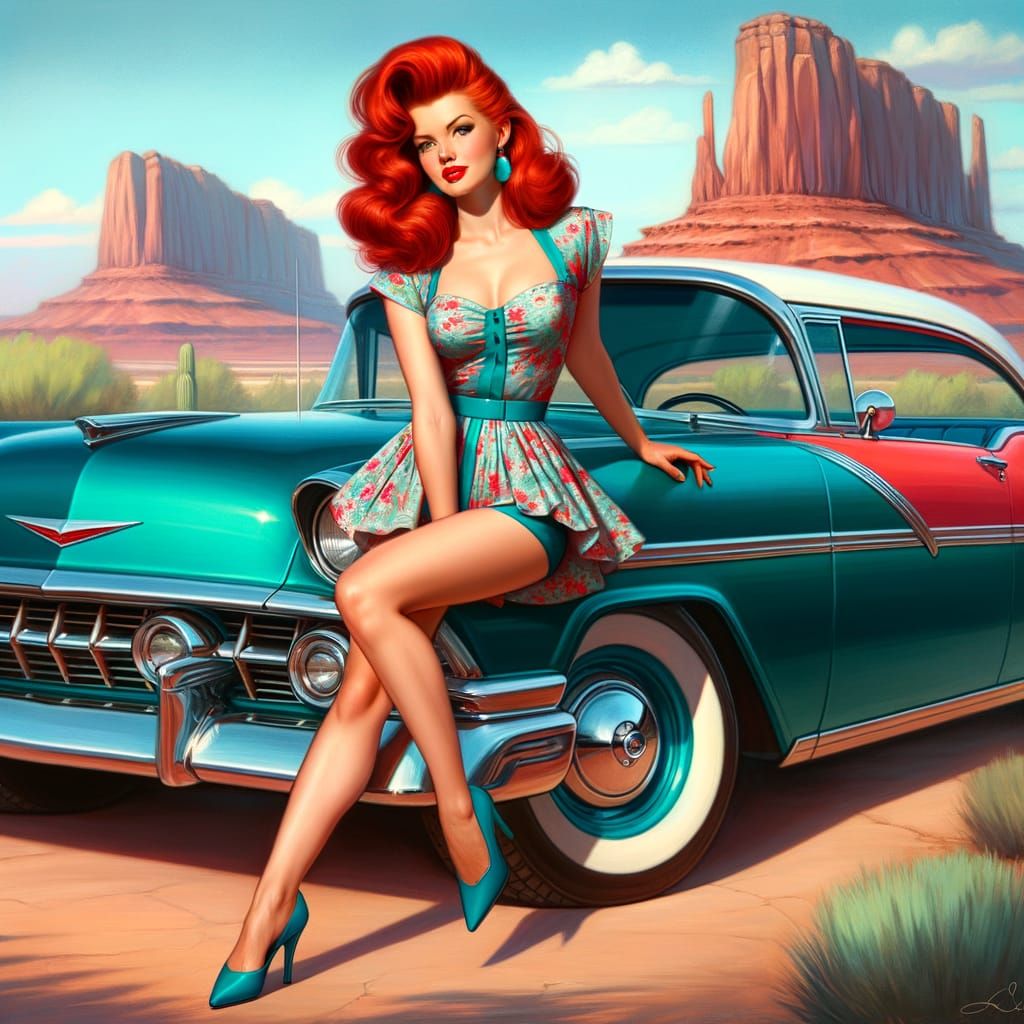 Retro Pin-Up Girl in Desert Landscape