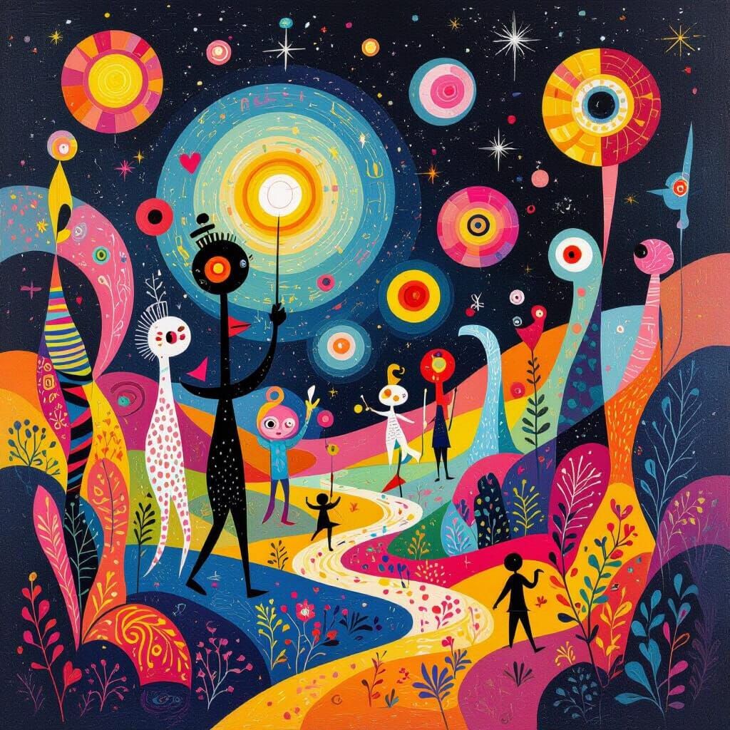 Vibrant Surreal Landscape of Abstract Forms in Miró Style