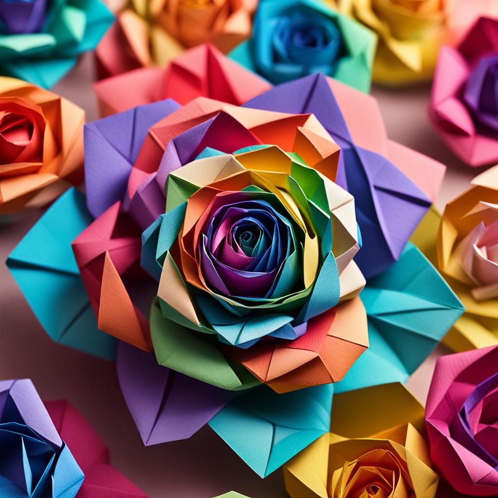 Rainbow Origami Rose Papercraft Macro Shot