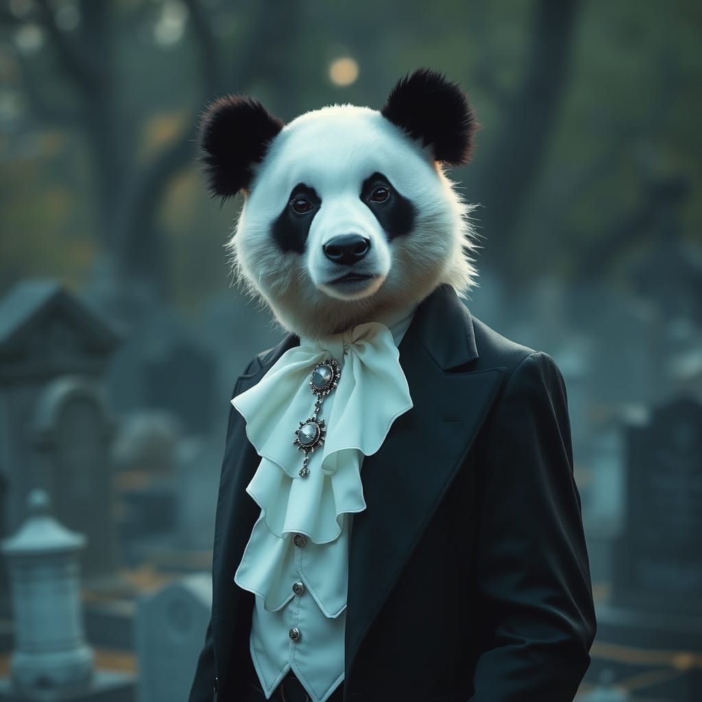 Gothic Panda Adorns Cemetery with Elegant Style