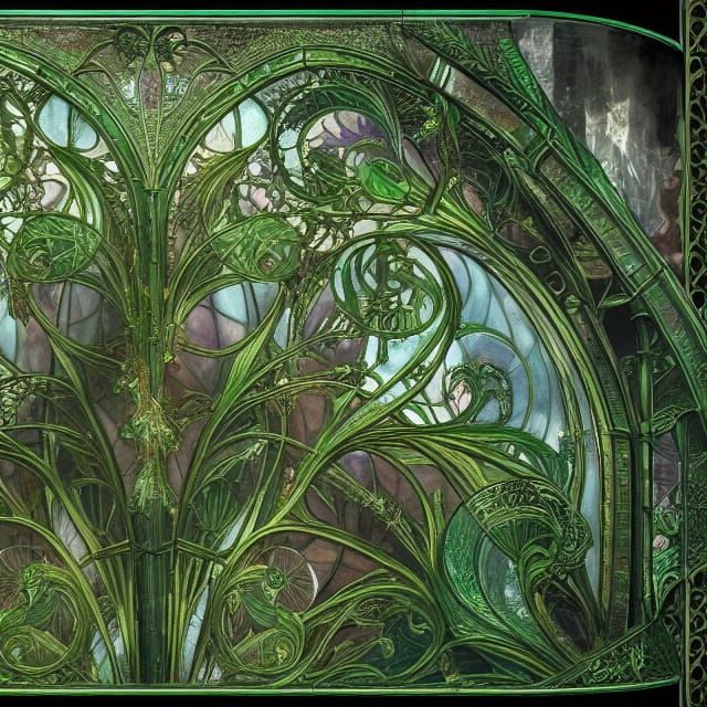 Victorian Glass Greenhouse with Wisteria in Art Nouveau Styl...