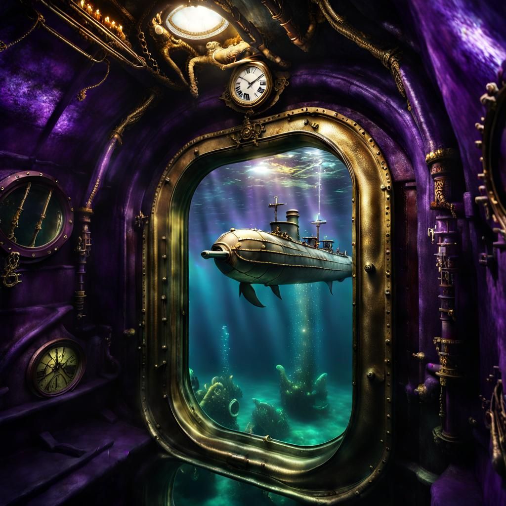 Steampunk Submarine Encounter with Sea Monster