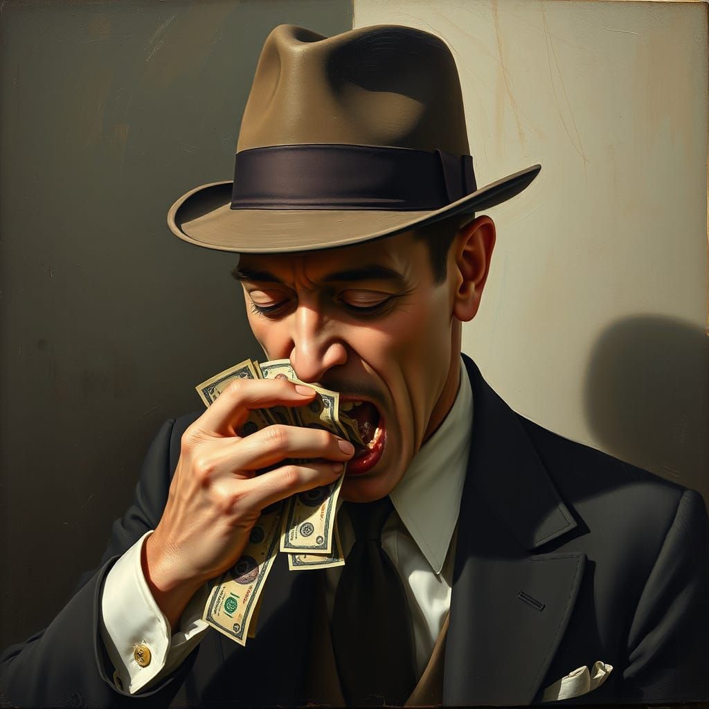 Man Devours Money in Surrealist Oil Painting