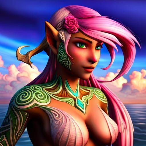 Hyperrealistic Zora Woman with Coral Skin