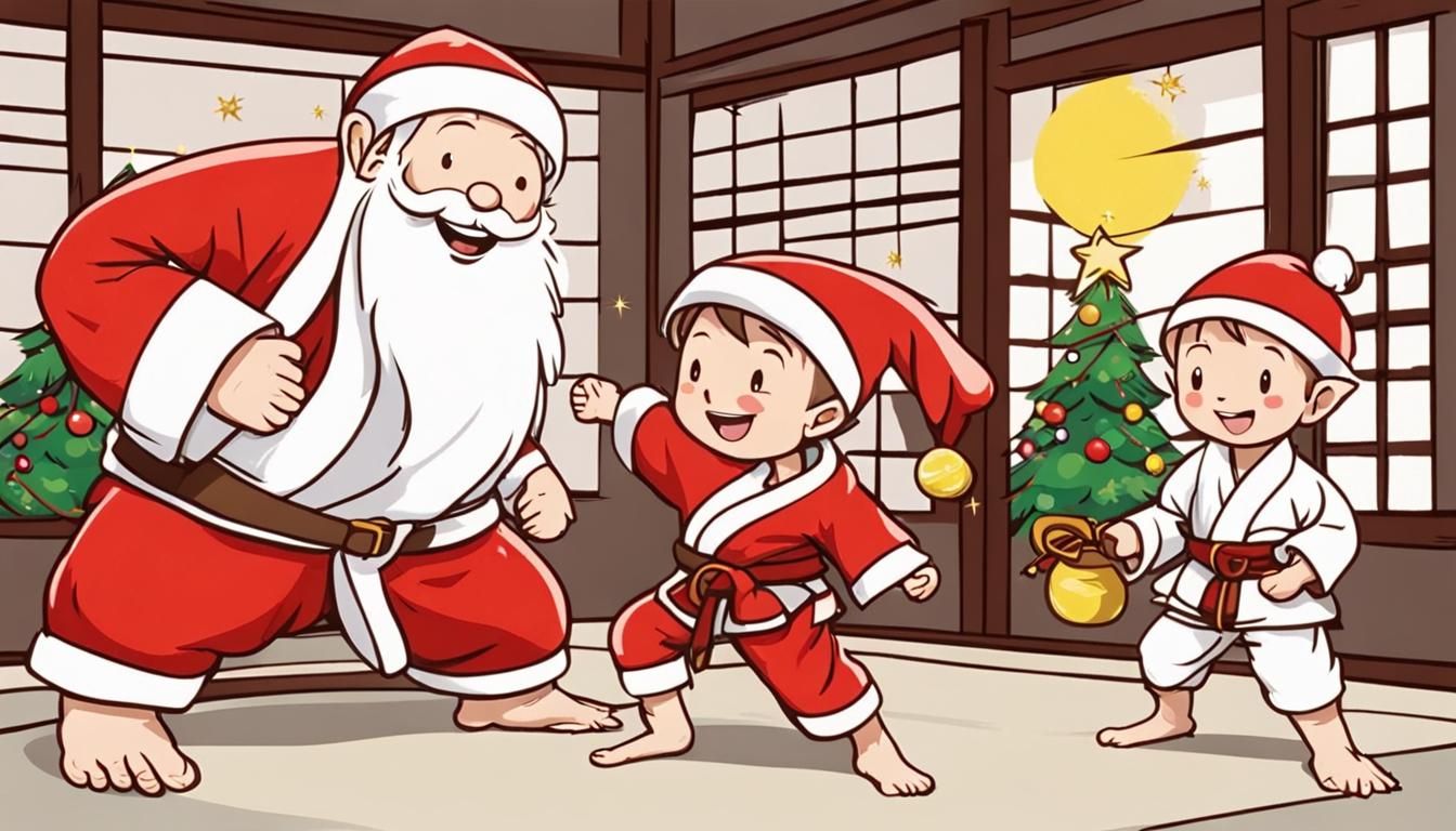 Santa Claus Judo Match with Elf in Dojo