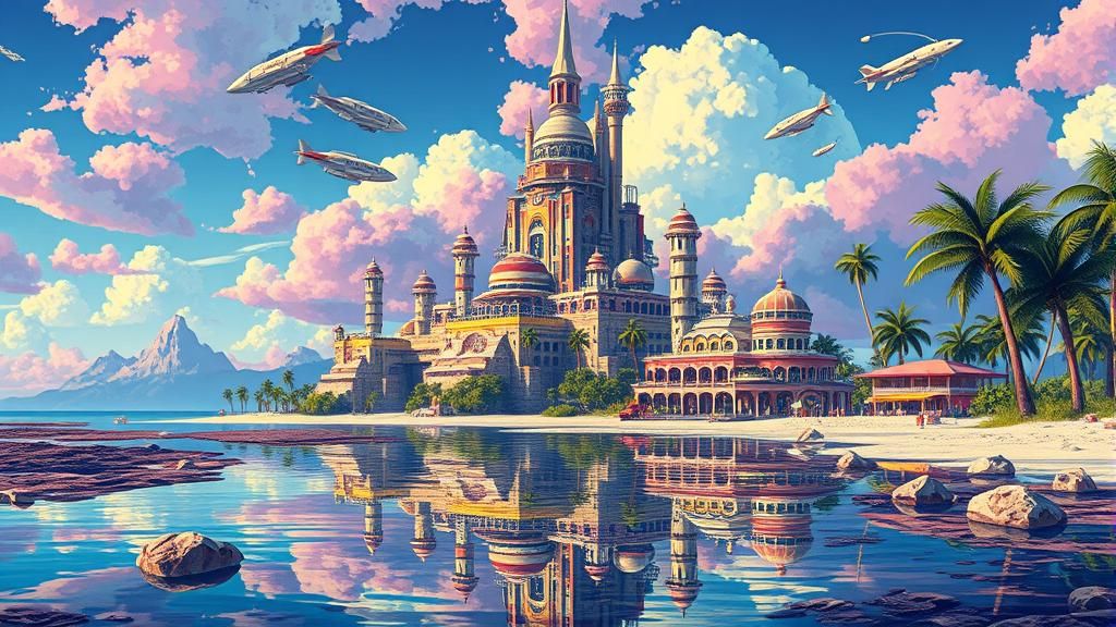 Futuristic Cyberpunk Beachside Complex with Steampunk Airshi...